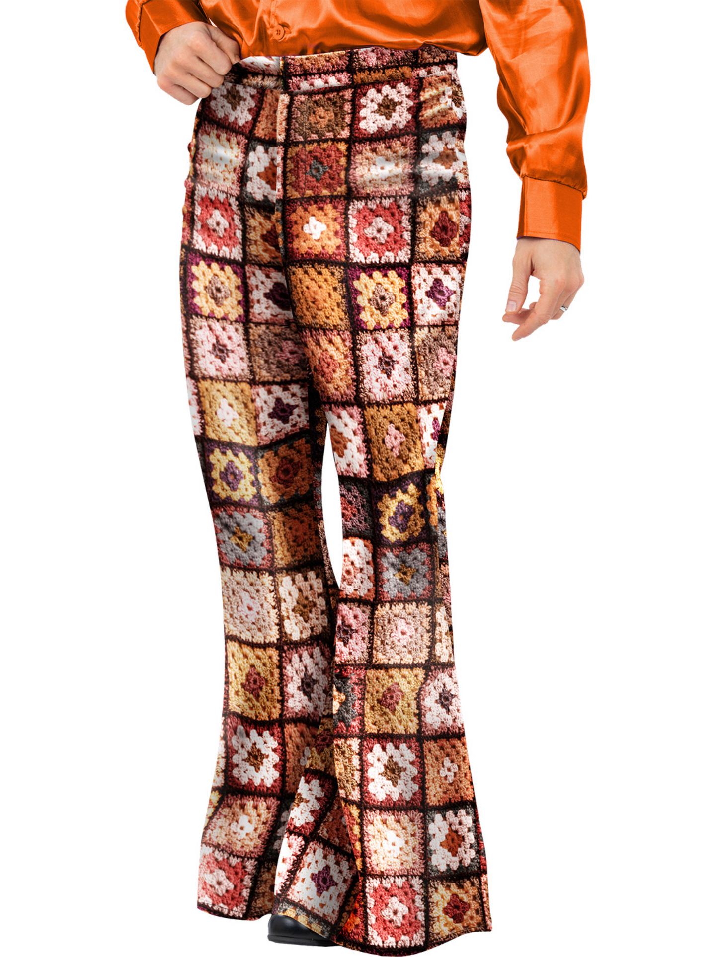 Mens 60s Vintage Crochet Print Flared Trousers Wholesale