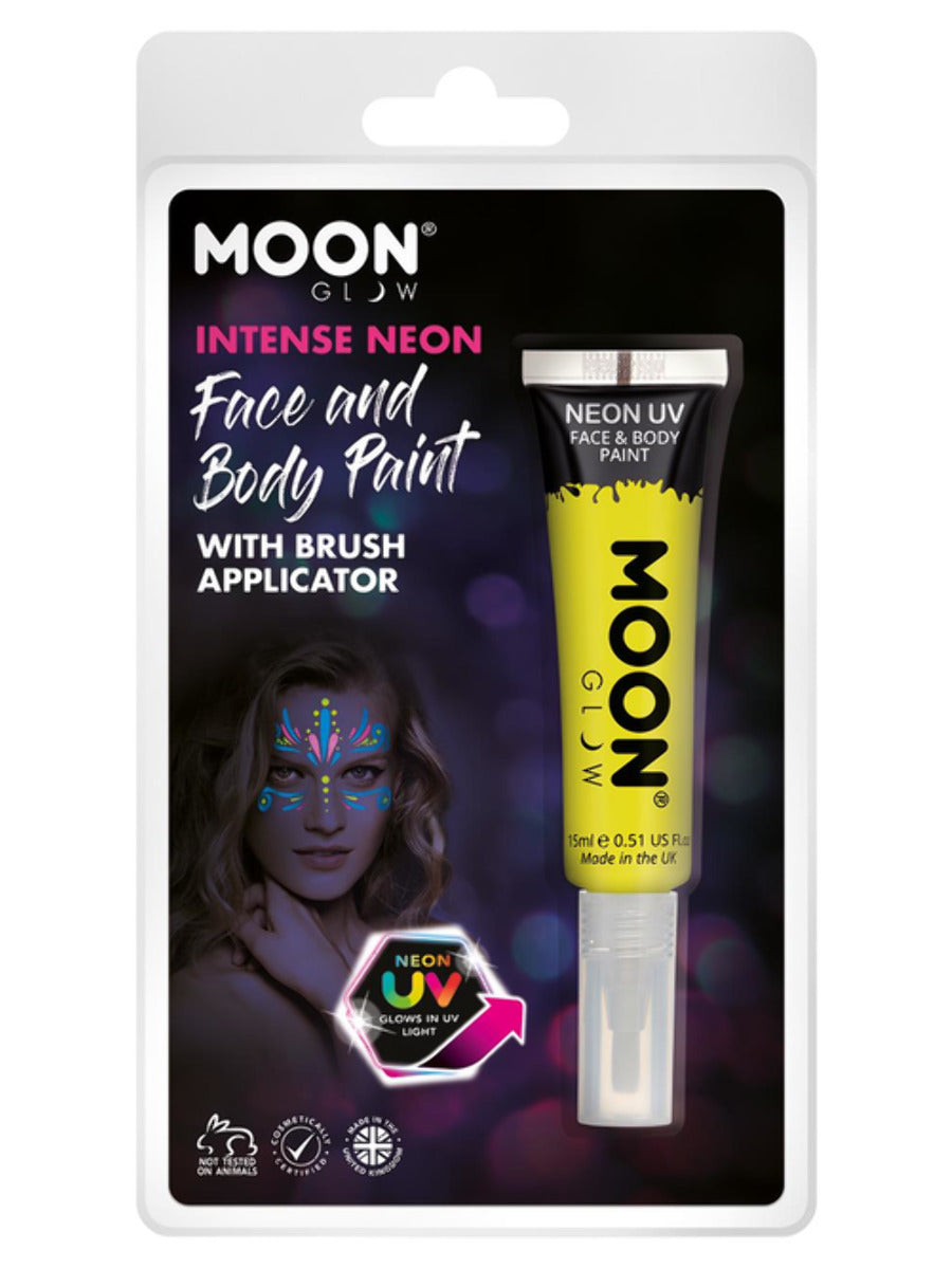 Moon Glow Intense Neon UV Face Paint, Yellow, Clamshell, with Brush Applicator, 15ml