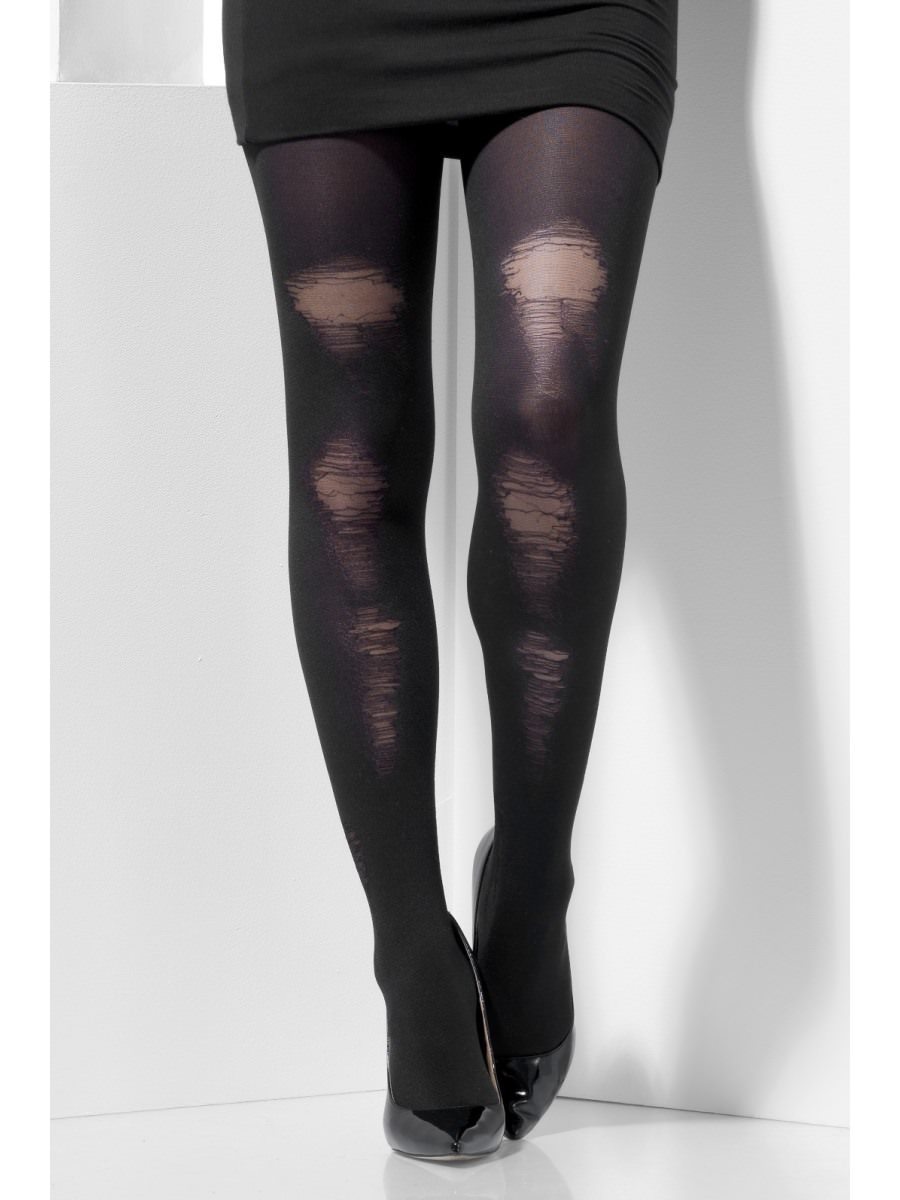 Opaque Tights, Black, with Distressed Detail Wholesale